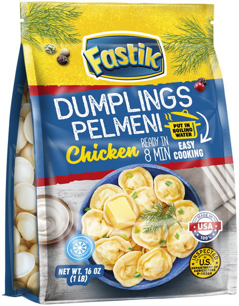Fastik Chicken Dumplings, 1 lb: Chicken pelmeni in the smaller bag, 1 LB (454 g) bag