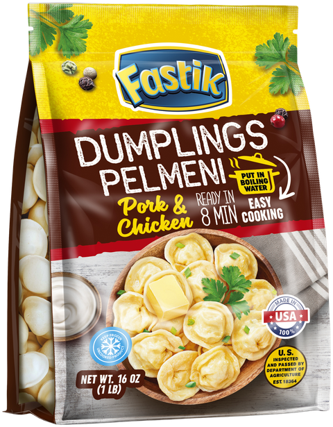 Fastik Pork & Chicken Dumplings, 1 lb: Siberian-style pelmeni in the smaller bag, 1 LB (454 g) bag