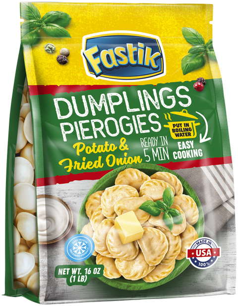 Fastik Potato & Fried Onion Pierogies, 1 lb: Potato pierogies in the smaller bag, 1 LB (454 g) bag