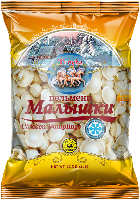 Troyka Malishki Chicken Dumplings: Mid-size Chicken Pelmeni, 2 LB (907 g) bag