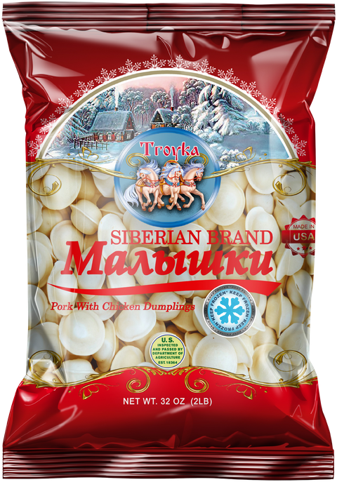 Troyka Malishki Siberian Dumplings: Mid-size Pork & Chicken Pelmeni, 2 LB (907 g) bag