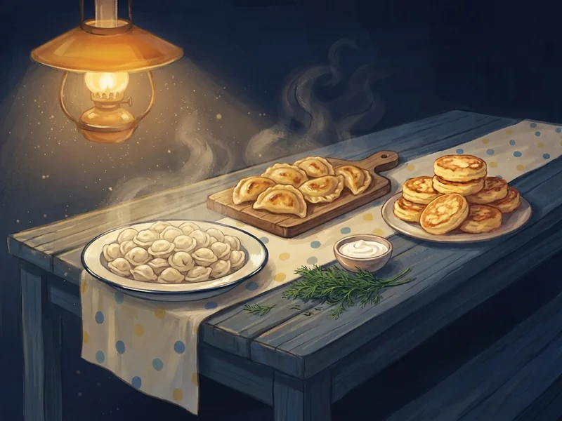 Painted scene: three bowls of dumplings on a night table, smallest to largest