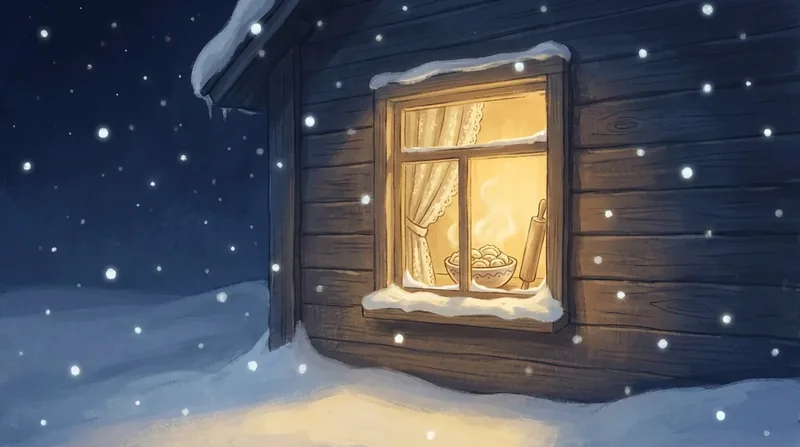 Painted scene: the lit kitchen window of a wooden house on a snowy night, a bowl of dumplings on the sill