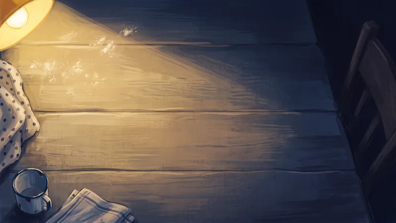Painted scene: the family kitchen table at night, set under the lamp